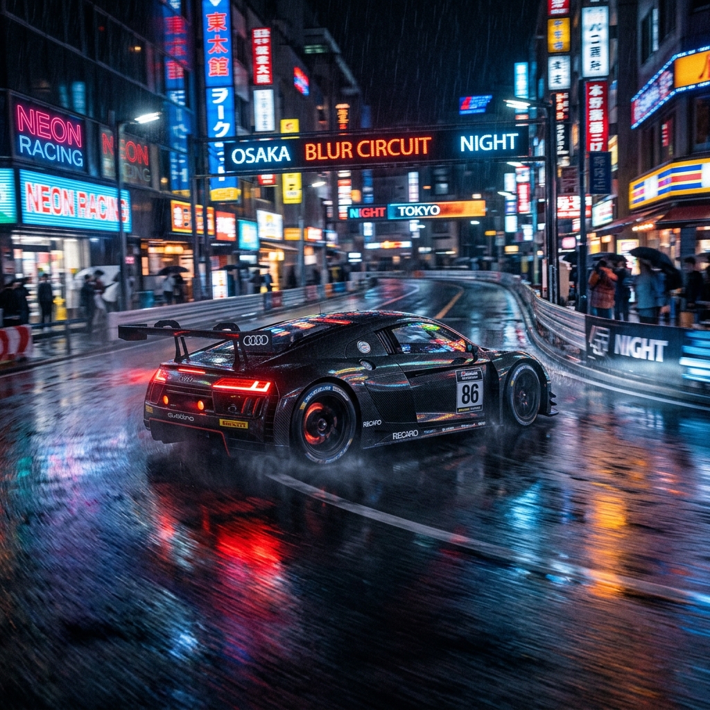 Sleek sports car racing on a wet, neon-lit city street at night